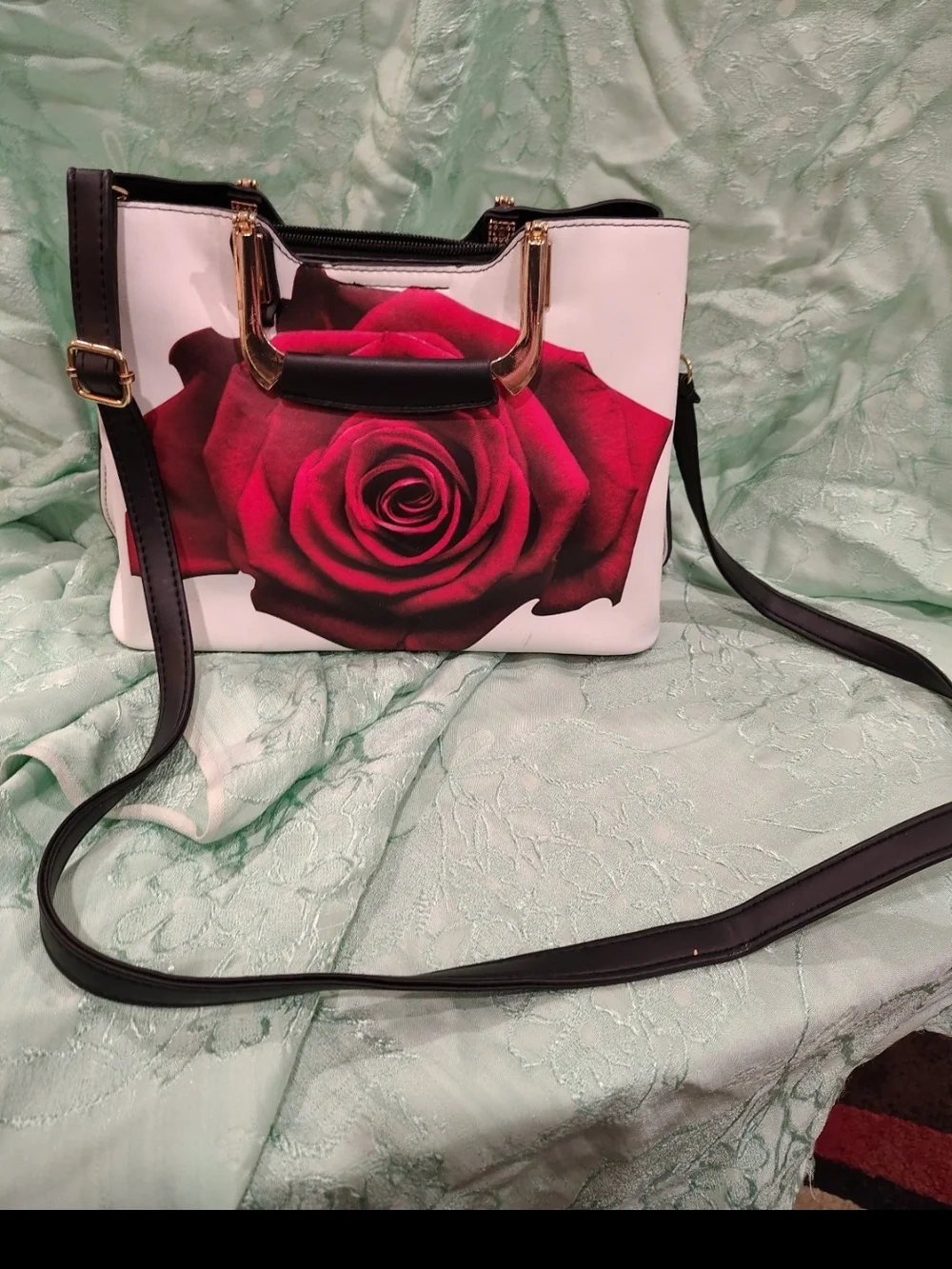White Shoulder Bag with Red Rose Print and Black Trim